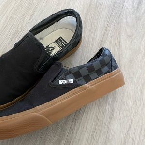 Vans custom made size 7 women and 6.5 Men wide black, checkered and tan gum sole